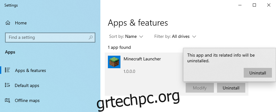 Τα Windows 10 δείχνουν πώς να απεγκαταστήσετε το Minecraft Launcher