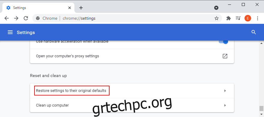 Το Google Chrome δείχνει πώς να αποκτήσετε πρόσβαση στην επιλογή επαναφοράς των ρυθμίσεων του προγράμματος περιήγησης στις προεπιλογές