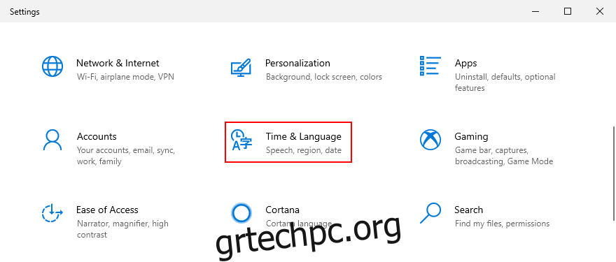 Τα Windows 10 δείχνουν πώς να αποκτήσετε πρόσβαση στις ρυθμίσεις ώρας και γλώσσας