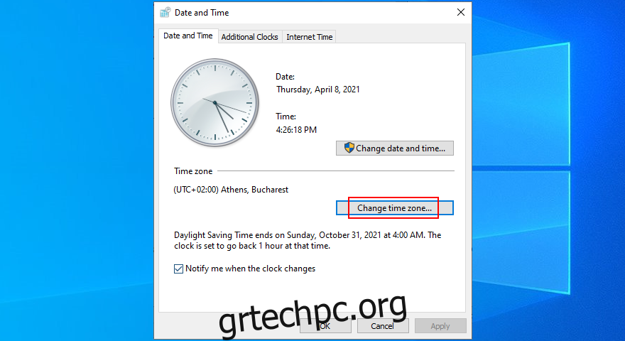 Τα Windows 10 δείχνουν πώς να αλλάξετε τη ζώνη ώρας