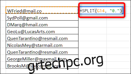 Κάντε κλικ σε ένα κενό κελί και πληκτρολογήστε =SPLIT(cell_with_data, 