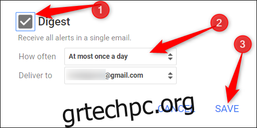 Θέλετε να λαμβάνετε όλες τις ειδοποιήσεις σας ομαδοποιημένες σε ένα email;  Κάντε κλικ στο πλαίσιο ελέγχου δίπλα στο 