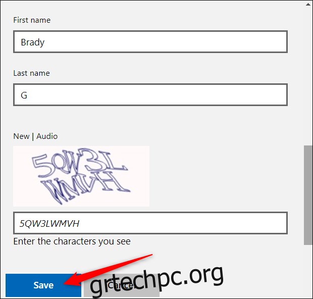 Εισαγάγετε το νέο σας όνομα (όνομα και επίθετο), ακολουθούμενο από την πρόκληση CAPTCHA.  Κάντε κλικ 
