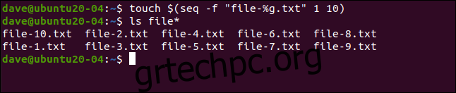 Θα δημιουργήσουμε ένα σύνολο 10 αρχείων με το ίδιο όνομα βάσης και διαφορετικό αριθμό (file-1.txt, file-2.txt, και ούτω καθεξής).  Πληκτρολογούμε τα εξής: 