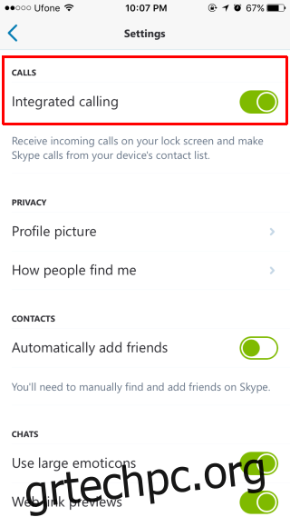 Πώς να απενεργοποιήσετε τις ενσωματωμένες κλήσεις για κλήσεις Skype στο iOS 10