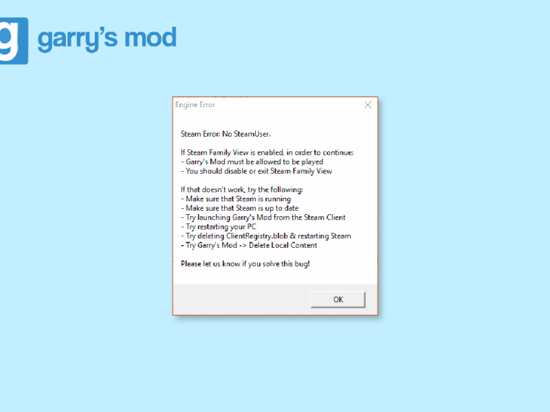 Διορθώστε το σφάλμα No Steam User Steam στο Garry’s Mod