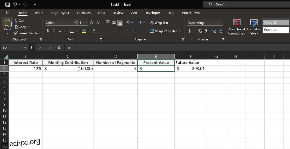Πώς να χρησιμοποιήσετε τη συνάρτηση φωτοβολταϊκών στο Excel για να υπολογίσετε την παρούσα αξία μιας προσόδου